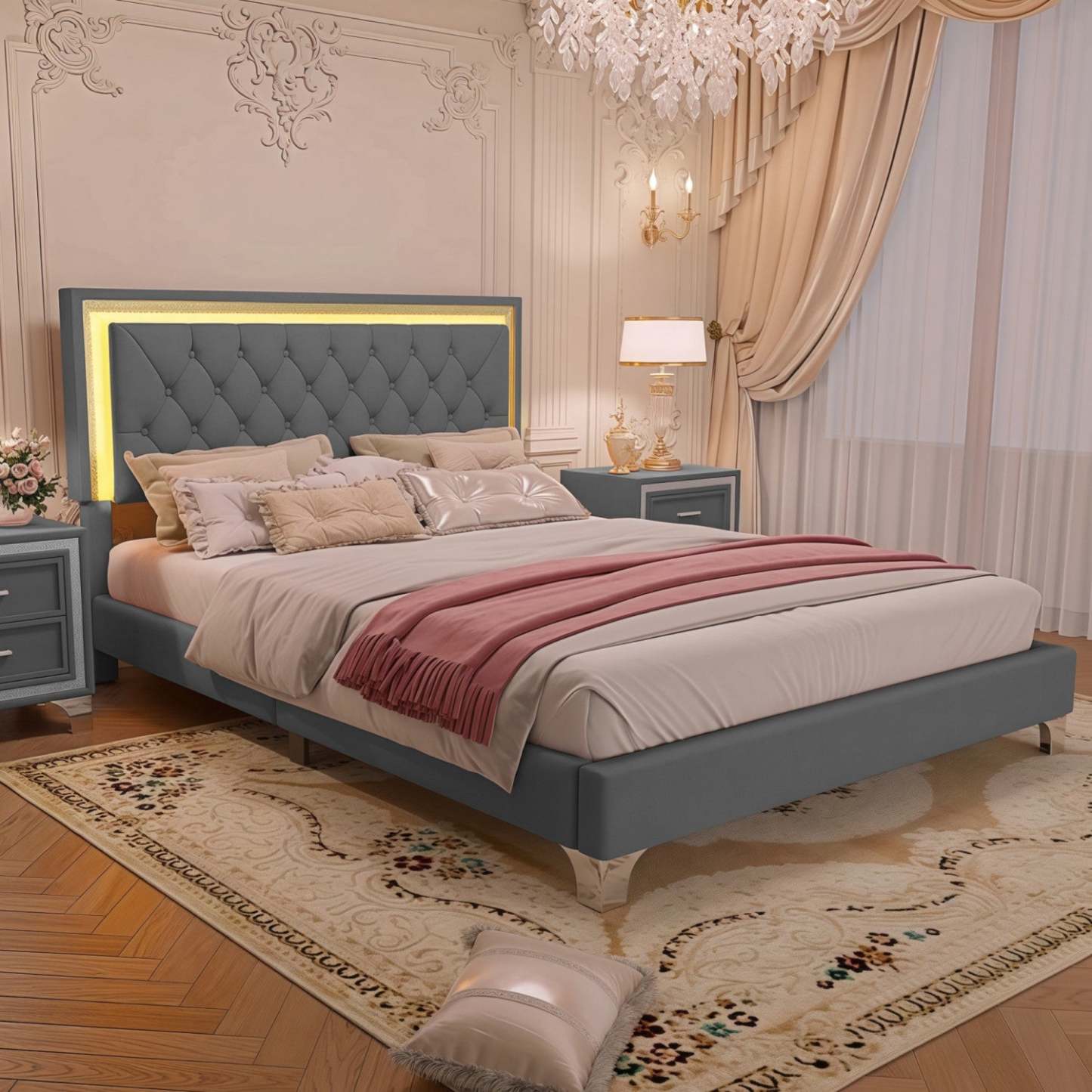 Cadre de lit rembourré Sophia avec lumières LED et tête de lit capitonnée en velours, queen size, lit queen gris | Cadre De Lit Sophia Tapisse Avec Eclairage Led Et Tete De Lit Capitonnee En Velours, Taille Queen, Gris