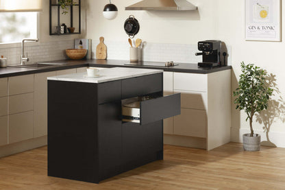 Olio Ilot De Cuisine Avec Porte Et Tiroirs - Noir Mat Et Faux Marbre Blanc | Olio Kitchen Island With Door And Drawers - Matte Black And Faux White Marble