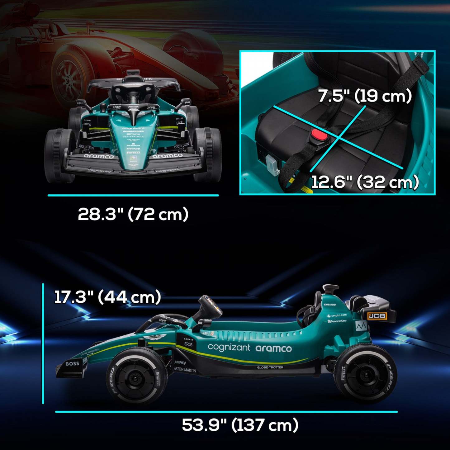 Qaba Powered Ride-On Aston Martin F1 Team Amr23 Licensed Electric Go Kart, 12v 3 Mph Kids Ride On Ca|Qaba Kart Électrique 12 V Pour Enfants Avec 4 Roues Absorbant Les Chocs, Voiture De Course Extérieur