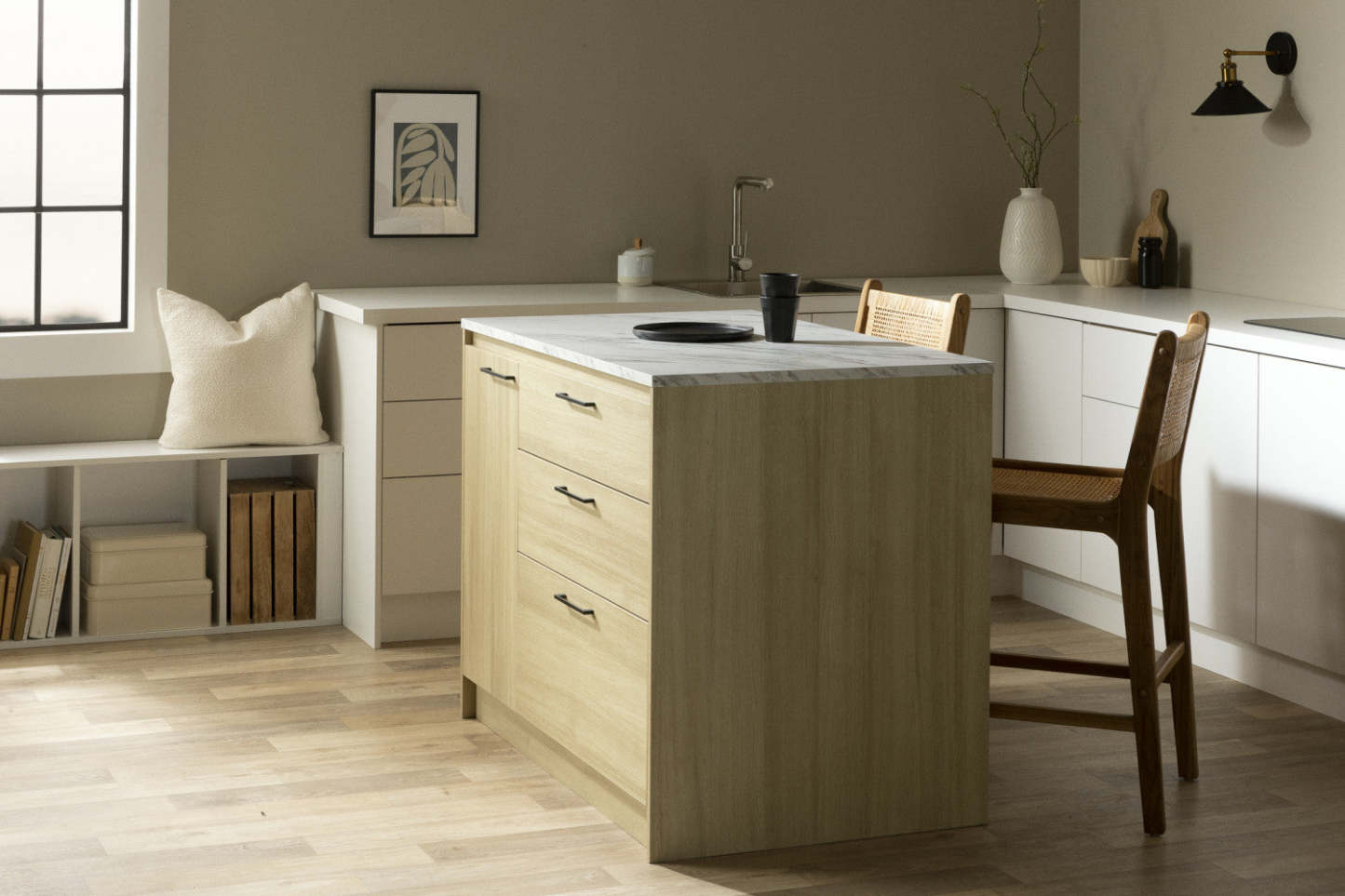Myro Ilot De Cuisine Avec Porte Et Tiroirs - Faux Marbre Blanc Et Chêne Blond