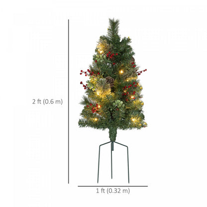 Homcom 2ft 2 Pack Lighted Small Christmas Tree with Red Berries Green|Homcom Lot De 2 Petits Sapins De Noël Éclairés, Vert, 2 Pieds