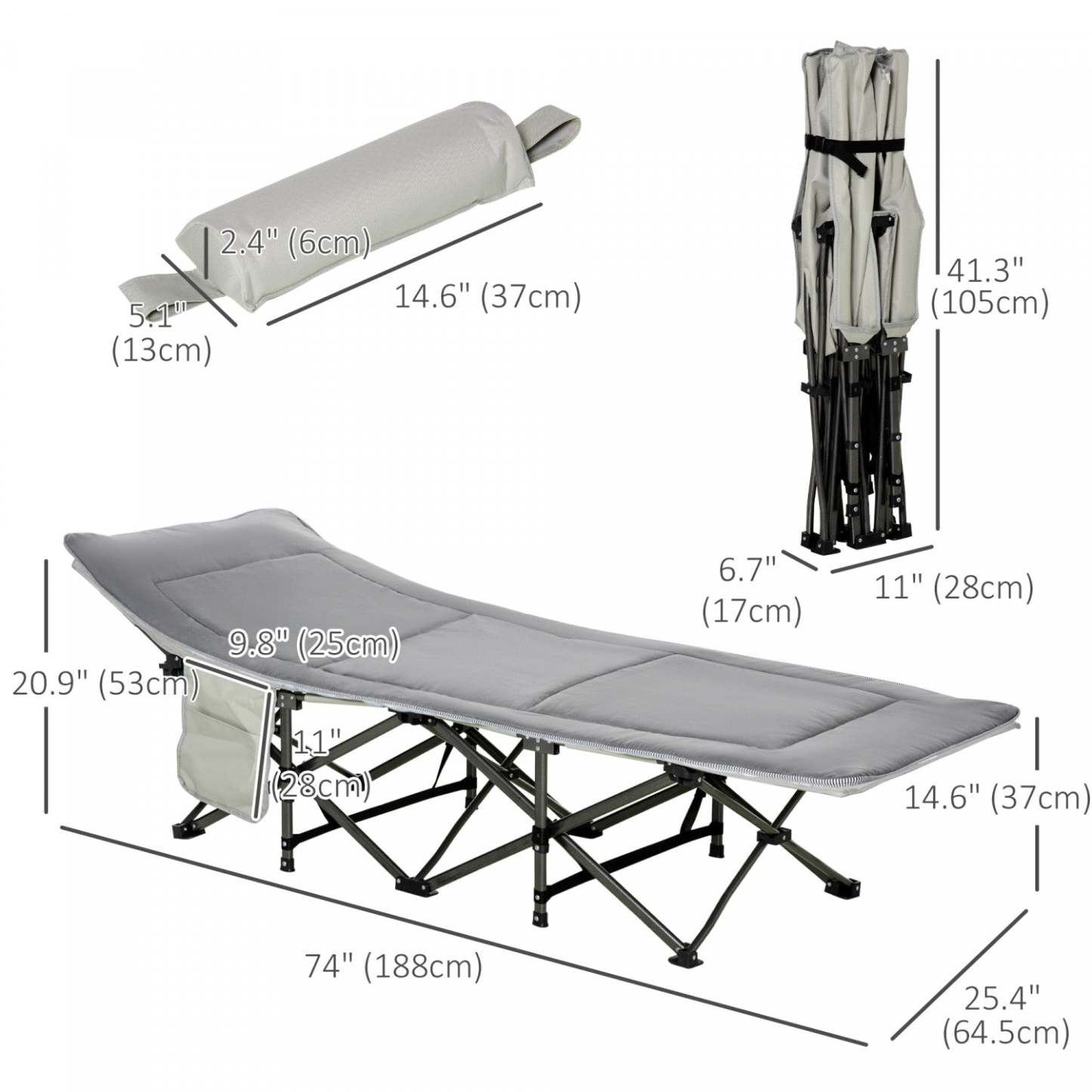 Lit de camping pliant Outsunny pour adultes avec matelas et oreiller gris clair