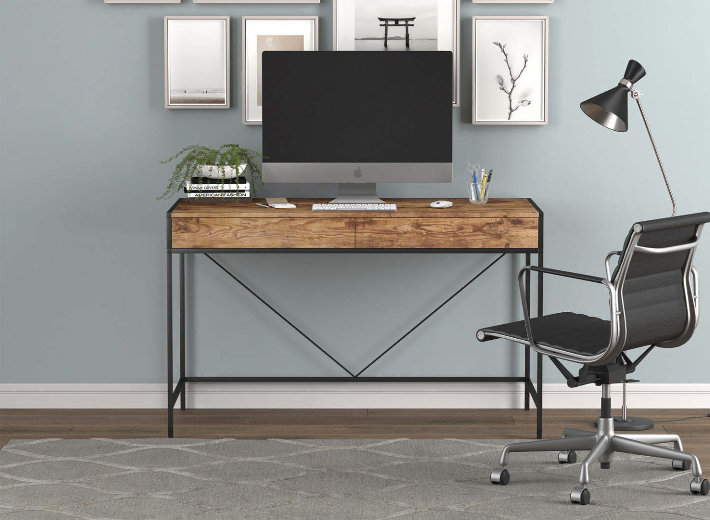 Bureau d’ordinateur de 49 po avec 2 tiroirs - bois brun avec métal noir