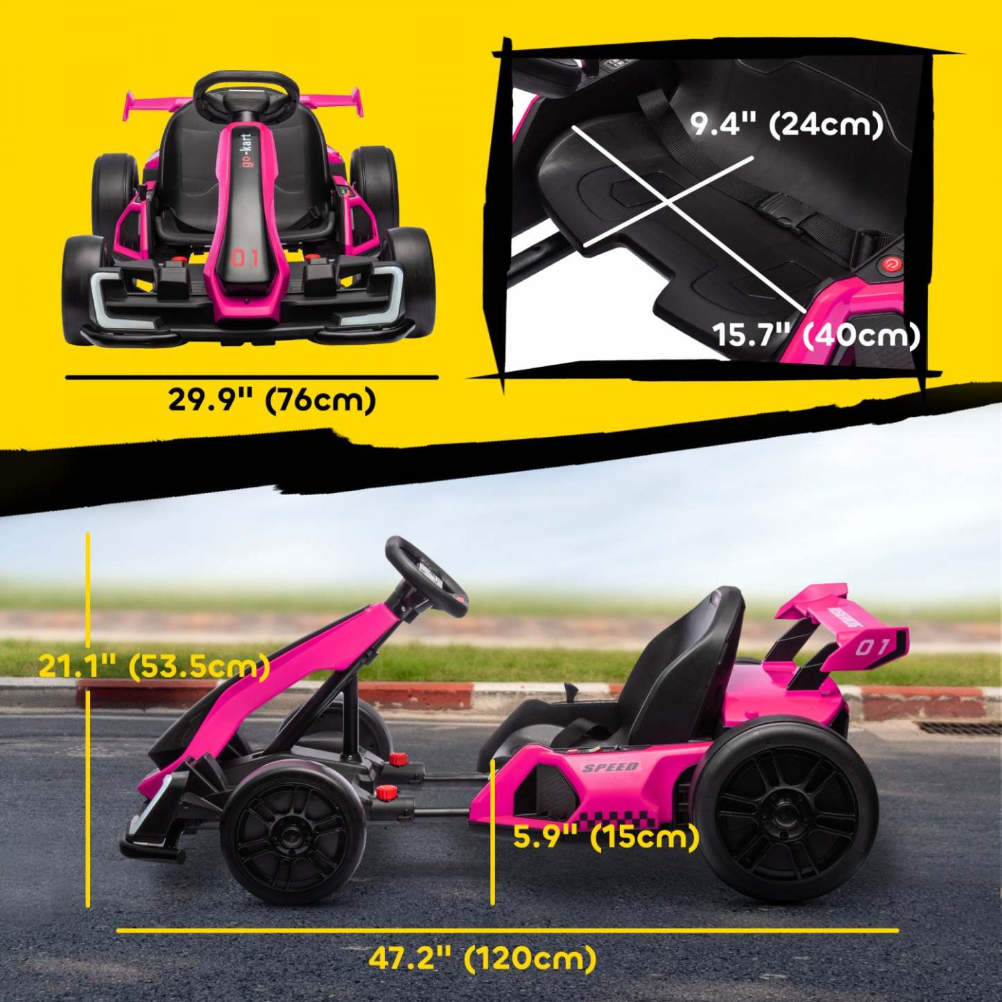 Aosom Go Kart, kart à dérapage électrique 24v pour enfants avec siège réglable, démarrage lent, ceinture de sécurité, klaxon, musique, lumière, véhicule à batterie pour enfants de 6 à 12 ans, rose