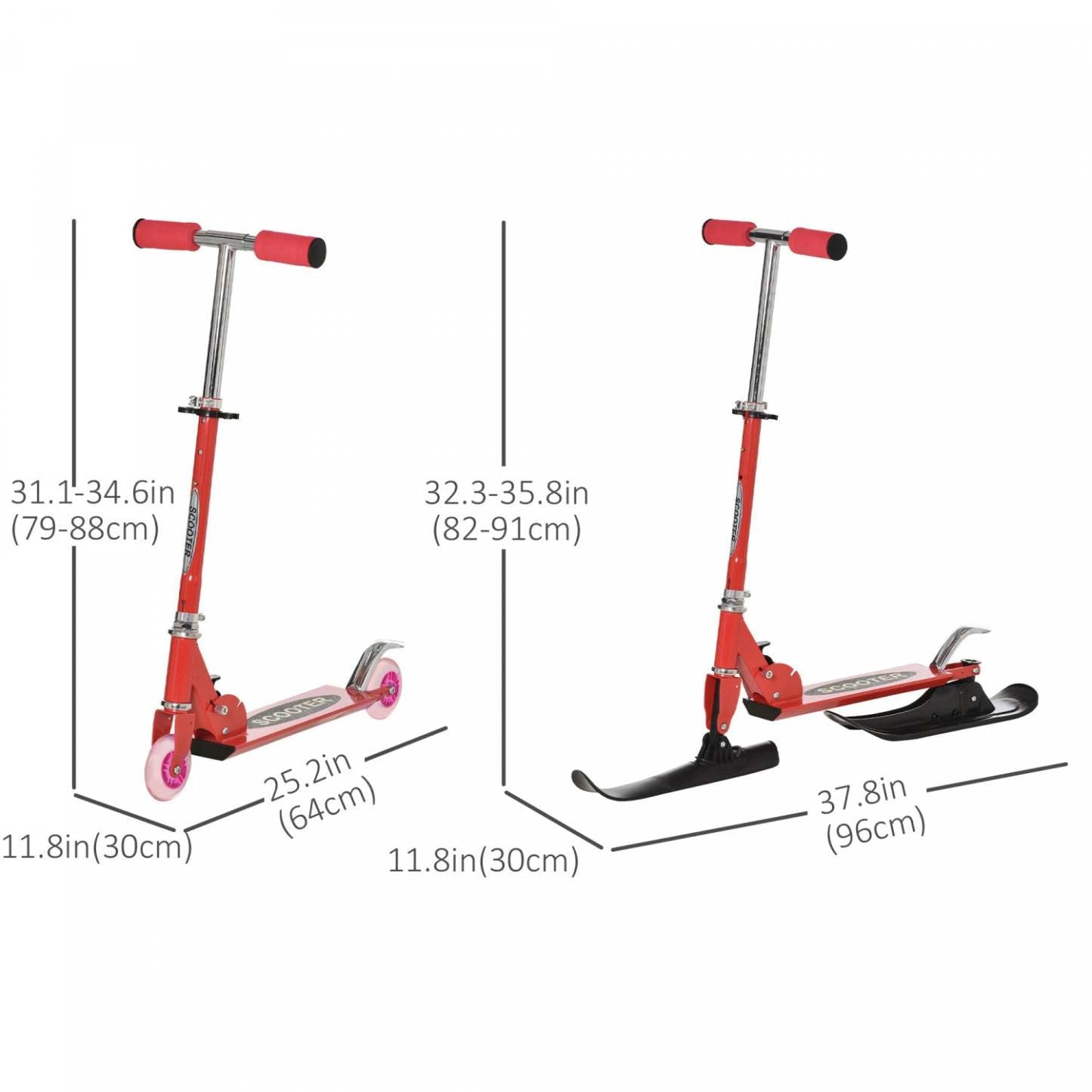 Qaba Trottinette Neige, Trottinette 2-en-1 à Hauteur Réglable pour Enfants de Plus de 7 Ans,|Qaba 2-en-1 Trottinette Convertible Tous Temps Pluie Neige Avec Roues Lames Rouge