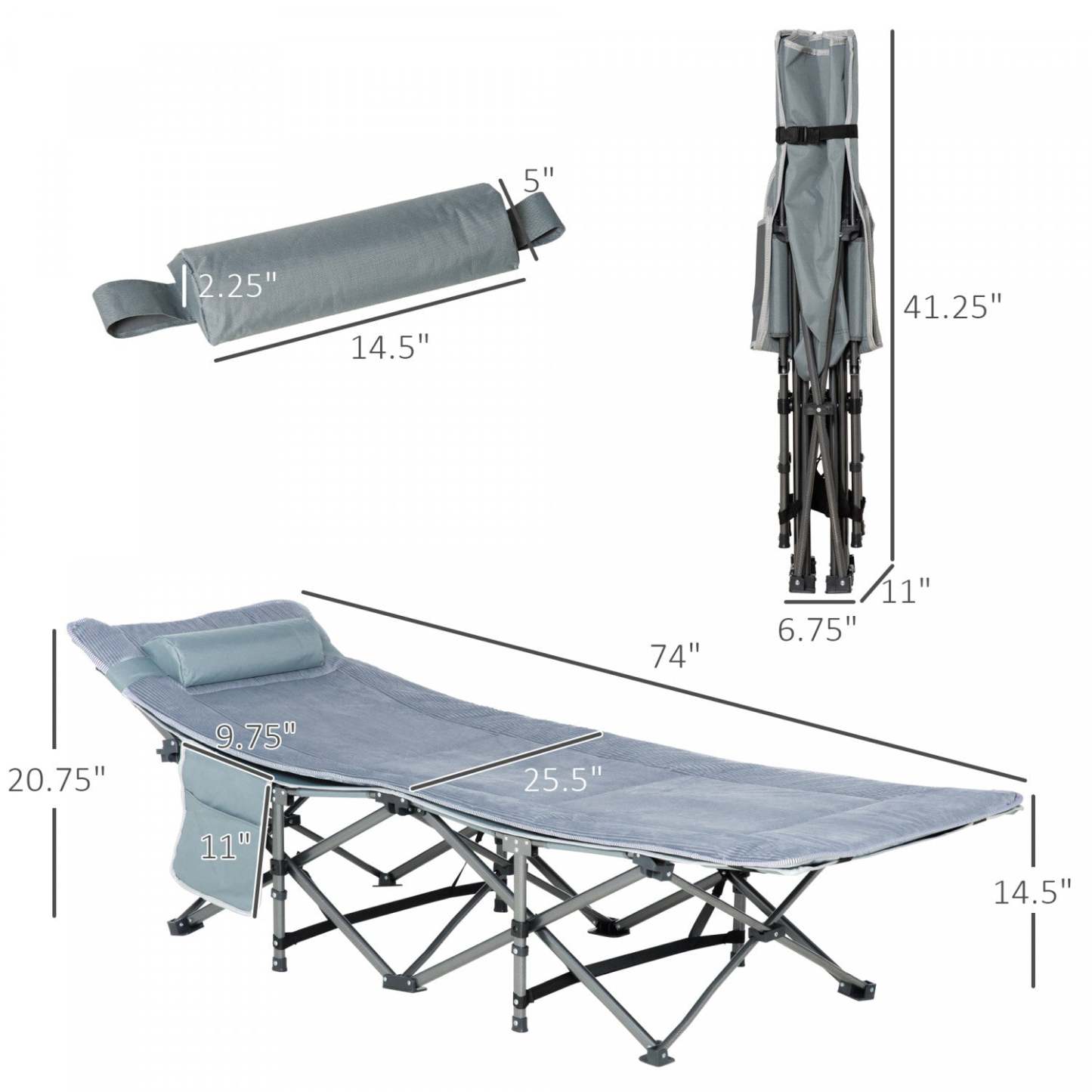 Lit de camping pliant Outsunny pour adultes avec matelas et oreiller gris foncé