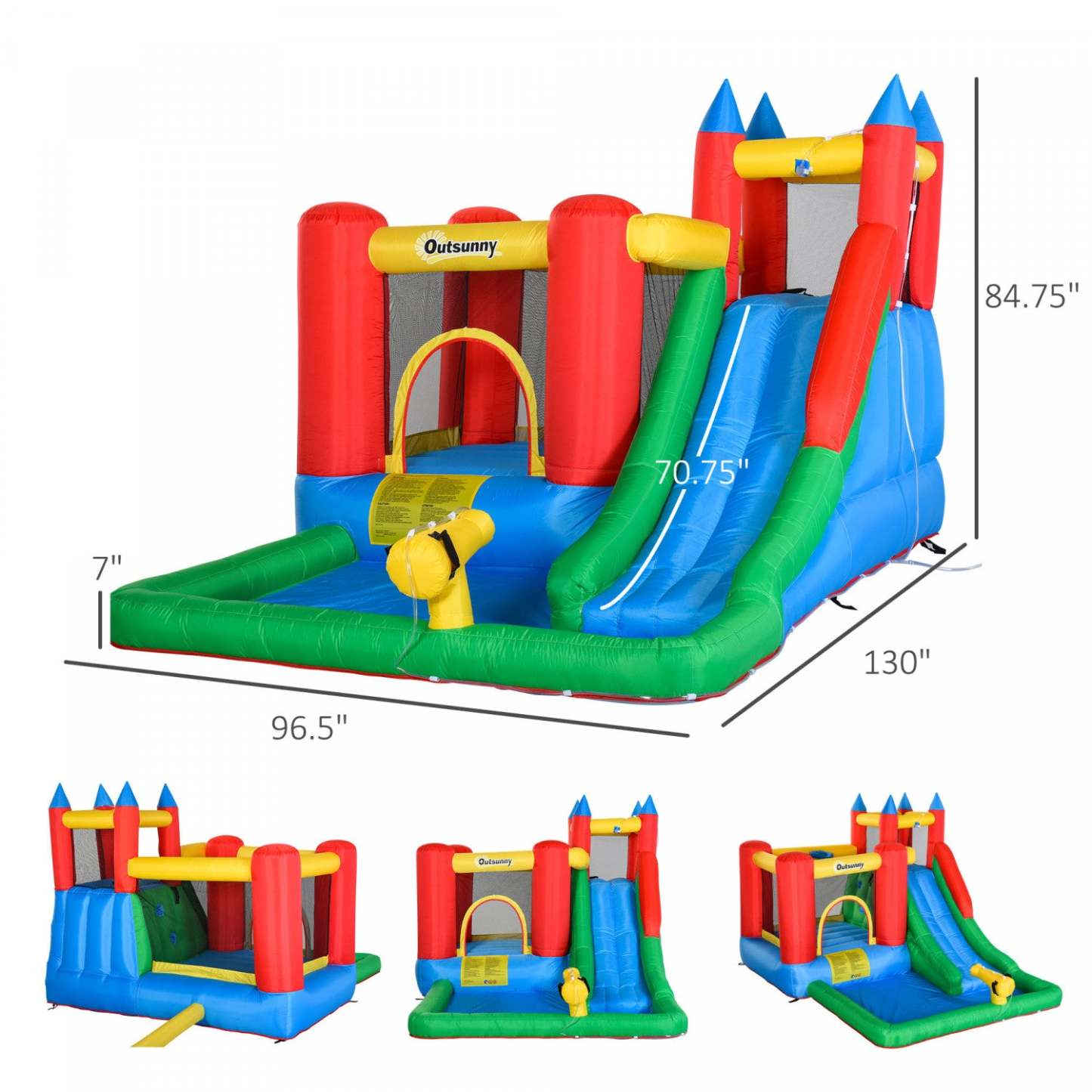 Château gonflable Outsunny pour enfants, maison gonflable, trampoline, toboggan, piscine à eau, pistolet à eau, panier mural d'escalade