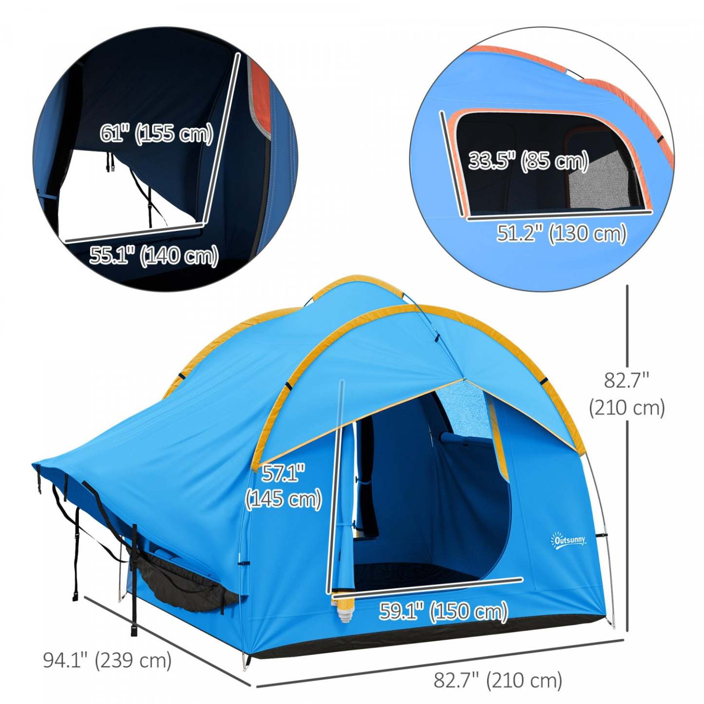 Outsunny Tente De Camping Pour Voiture Avec 3 Portes, 2000mm Imperméable, Bleu Et Orange|Outsunny Car Camping Tent With 3 Doors, Blue And Orange