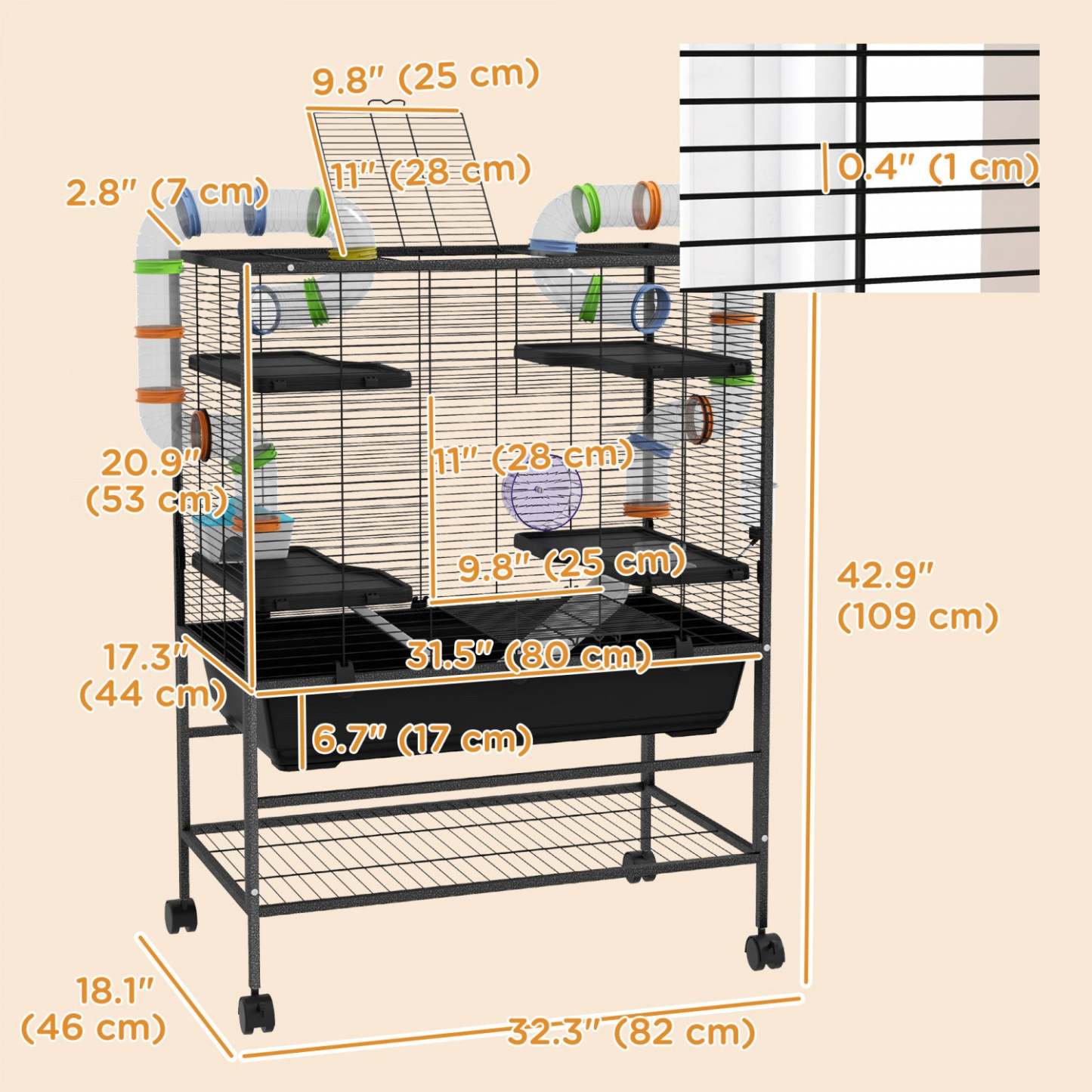 Pawhut 43 Hamster Cage, Maison pour petits animaux, Cage à rats roulante avec système de tube tunnel, Roue d'exercice|Pawhut Cage A Hamster 43, Cage A Rats Roulants Pour Petits Animaux Avec Systeme De Tube Tunnel, Rou