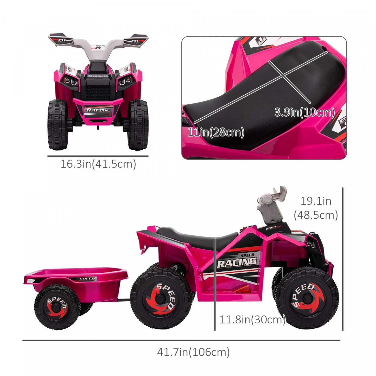 Aosom Quad 6 V Pour Enfants, Véhicule Électrique Alimenté Par Batterie À 4 Roues Avec Remorque Arrière