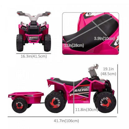 Aosom Quad 6 V Pour Enfants, Véhicule Électrique Alimenté Par Batterie À 4 Roues Avec Remorque Arrière