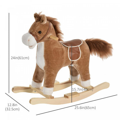 Qaba Cheval à bascule en peluche sur bascules en bois avec sons, base en bois, chaise à bascule pour 3