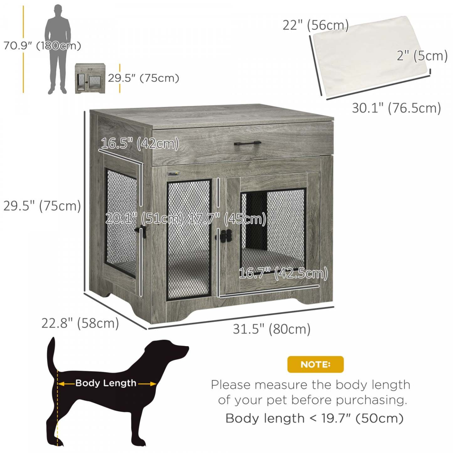 Pawhut 32in Dog Crate Furniture With Cushion, 2 Doors, Dog Kennel End Table With Storage, Indoor Dog|Pawhut 32in Cage Pour Chien Avec Coussin, 2 Portes, Table D'appoint Avec Rangement, Cage D'intérieur Pour