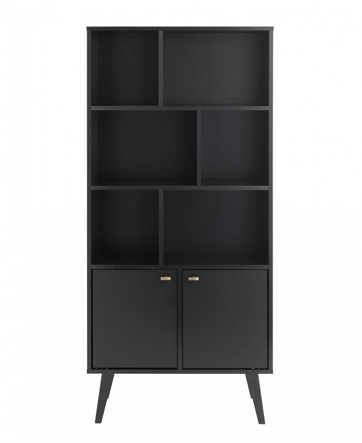 Bibliothèque moderne Milo Mid-Century avec 6 étagères, 2 portes et boutons au fini laiton brossé - Noir|Bibliothèque moderne du milieu du 20e siècle Milo avec 6 tablettes, 2 portes et poignées au fini laiton brossé - noire