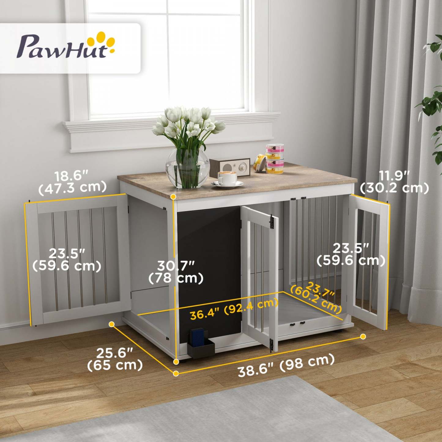 Pawhut 39in Dog Crate Furniture, Dog Cage End Table With Three Doors, Blackboard, Anti-slip Foot Pads|Pawhut Meuble De Cage Pour Chien De 39, Table D'appoint Pour Grands Chiens, Cage Pour Chien Avec Tr