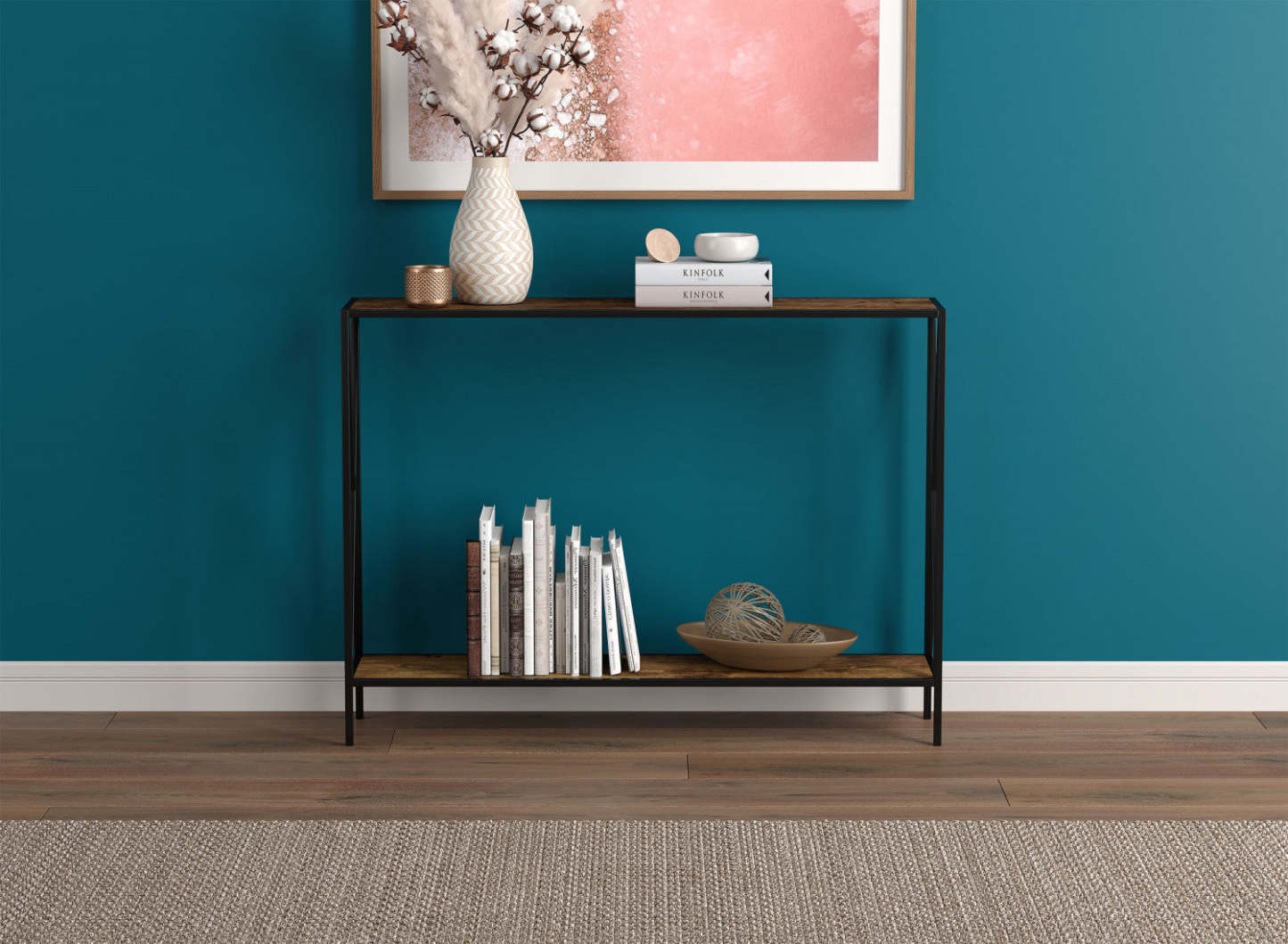 Console de 40 po avec 1 tablette - bois recyclé brun et base en métal noir