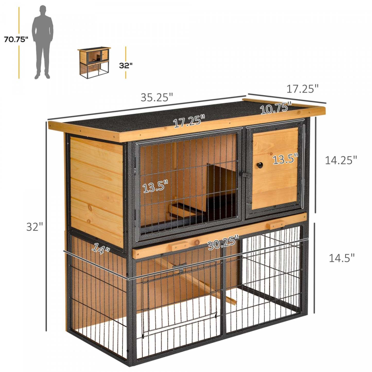 Pawhut Clapier pour Lapin Maison pour Animaux Cage pour Lapin Habitat pour Petits Animaux avec Toit Ouvrable en Asphalte pour Extérieur|Pawhut Clapier Bois-métal pour Lapin Surélevé Cage de Lapin Cage pour Petits Animaux avec Plateau Co