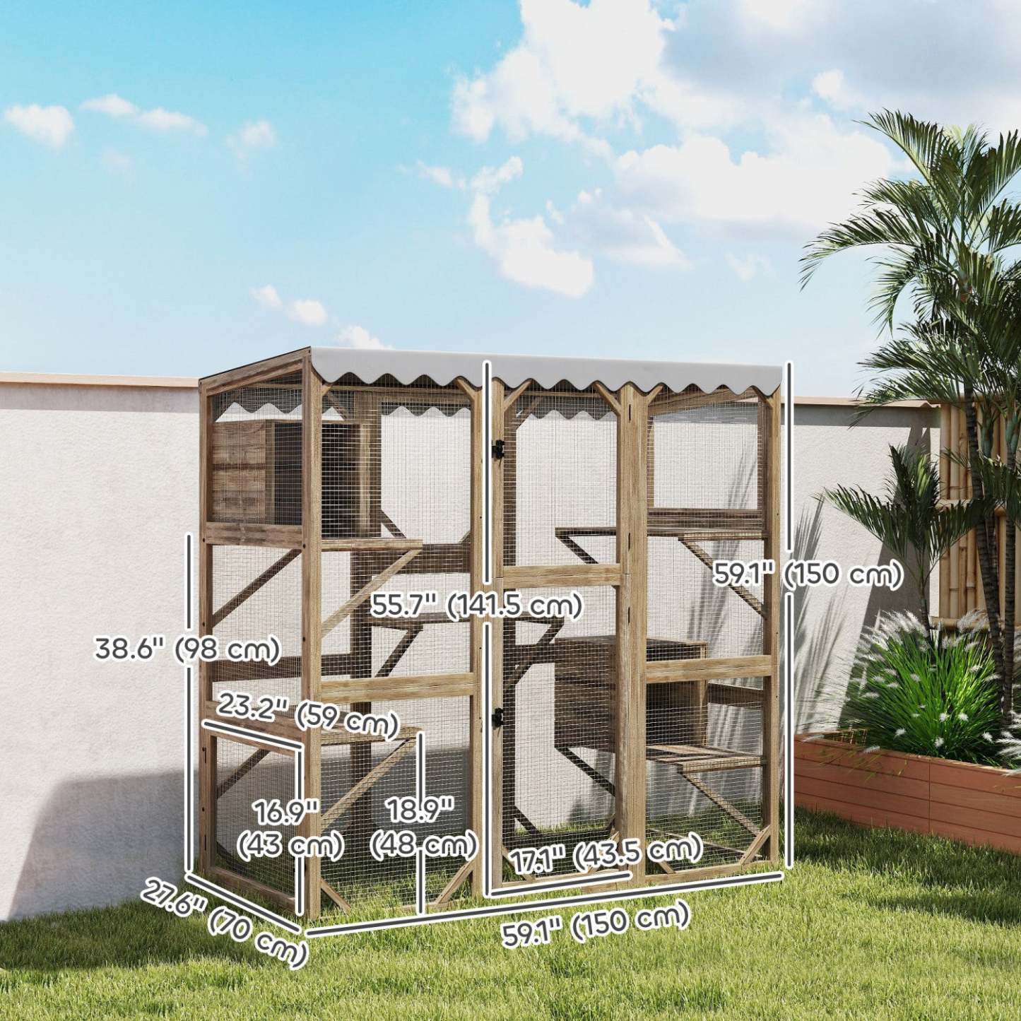 Pawhut Catio, Enclos extérieur pour chats avec couverture imperméable, 2 condos relaxants, 5 plateformes, boîte à fenêtre en bois pour plusieurs chatons, 59 X 28 X 59, marron