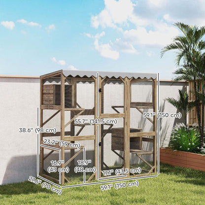 Pawhut Catio, Enclos extérieur pour chats avec couverture imperméable, 2 condos relaxants, 5 plateformes, boîte à fenêtre en bois pour plusieurs chatons, 59 X 28 X 59, marron