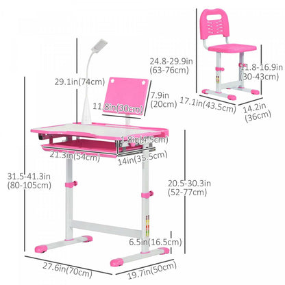 Qaba Bureau Enfant Avec Chaise Ensemble Bureau Et Chaise Reglable Avec Lampe, Support De Lecture, Po