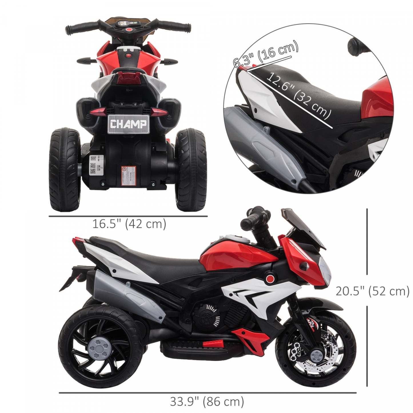 Qaba Kids Motorcycle, moto électrique alimentée par batterie 6v avec musique, klaxon, phares, vélo électrique à 3 roues pour enfants, cadeau pour garçons et filles, rouge
