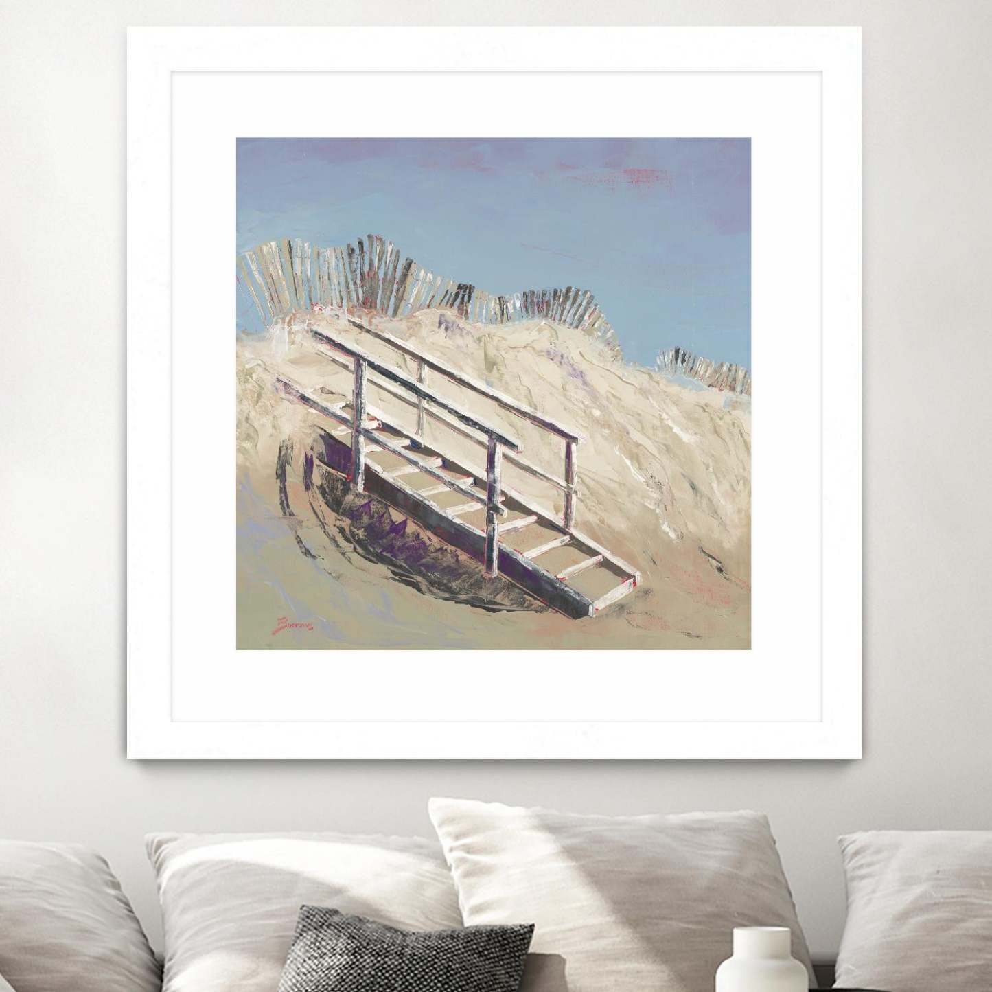 Œuvre d'art murale imprimée blanche et mate « Accès à la plage » 30 x 30