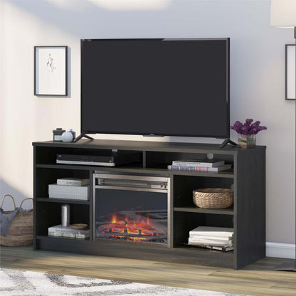 Meuble TV Ameriwood Home Hendrix 55 avec foyer électrique et étagères - Chêne noir|Meuble pour téléviseur Hendrix d'Ameriwood Home de 55 po avec foyer électrique et tablettes - chêne noir