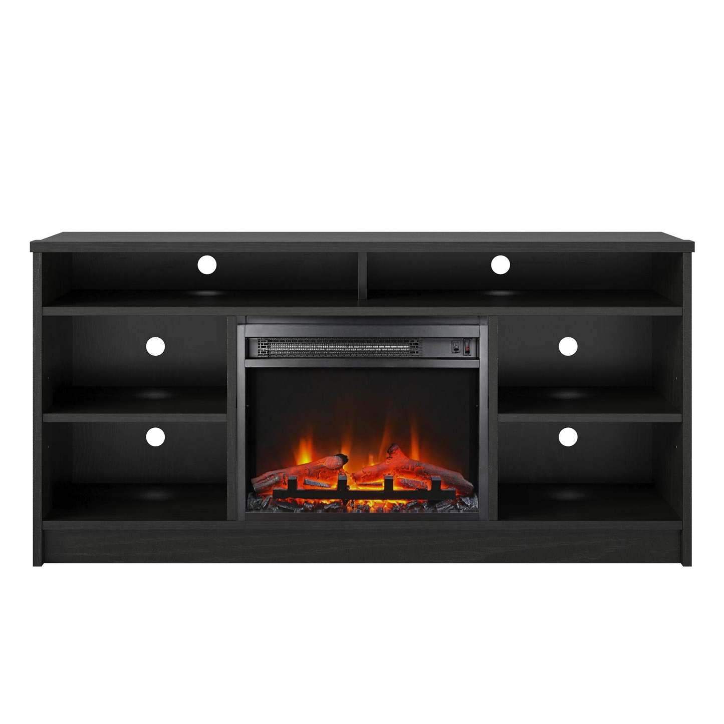 Meuble TV Ameriwood Home Hendrix 55 avec foyer électrique et étagères - Chêne noir|Meuble pour téléviseur Hendrix d'Ameriwood Home de 55 po avec foyer électrique et tablettes - chêne noir