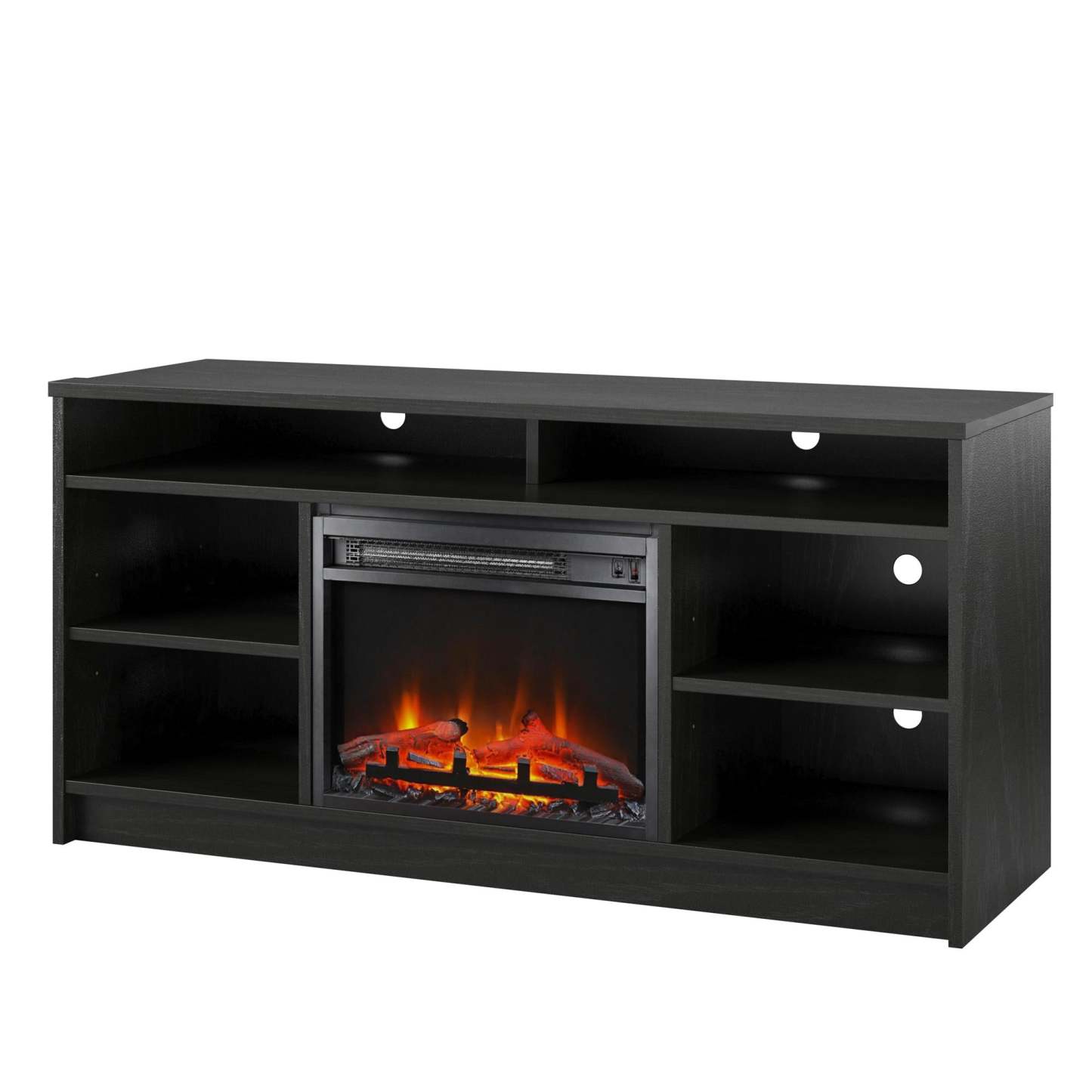 Meuble TV Ameriwood Home Hendrix 55 avec foyer électrique et étagères - Chêne noir|Meuble pour téléviseur Hendrix d'Ameriwood Home de 55 po avec foyer électrique et tablettes - chêne noir