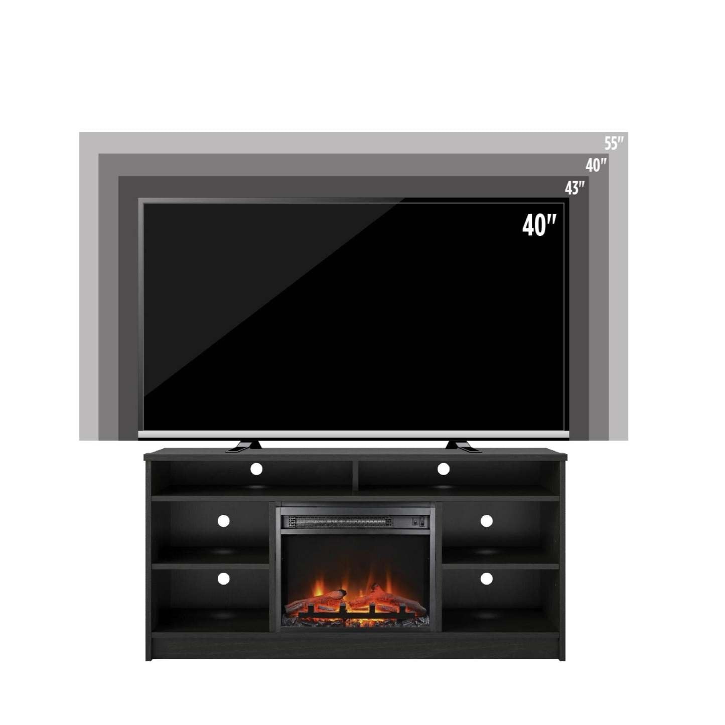 Meuble TV Ameriwood Home Hendrix 55 avec foyer électrique et étagères - Chêne noir|Meuble pour téléviseur Hendrix d'Ameriwood Home de 55 po avec foyer électrique et tablettes - chêne noir