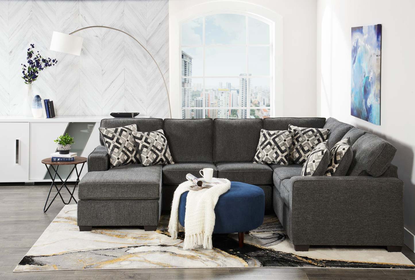 78 Lampadaire Arc en Acier Brossé avec Abat-Jour en Lin|Lampe à pied arquée de 78 po acier brossé avec abat-jour en lin