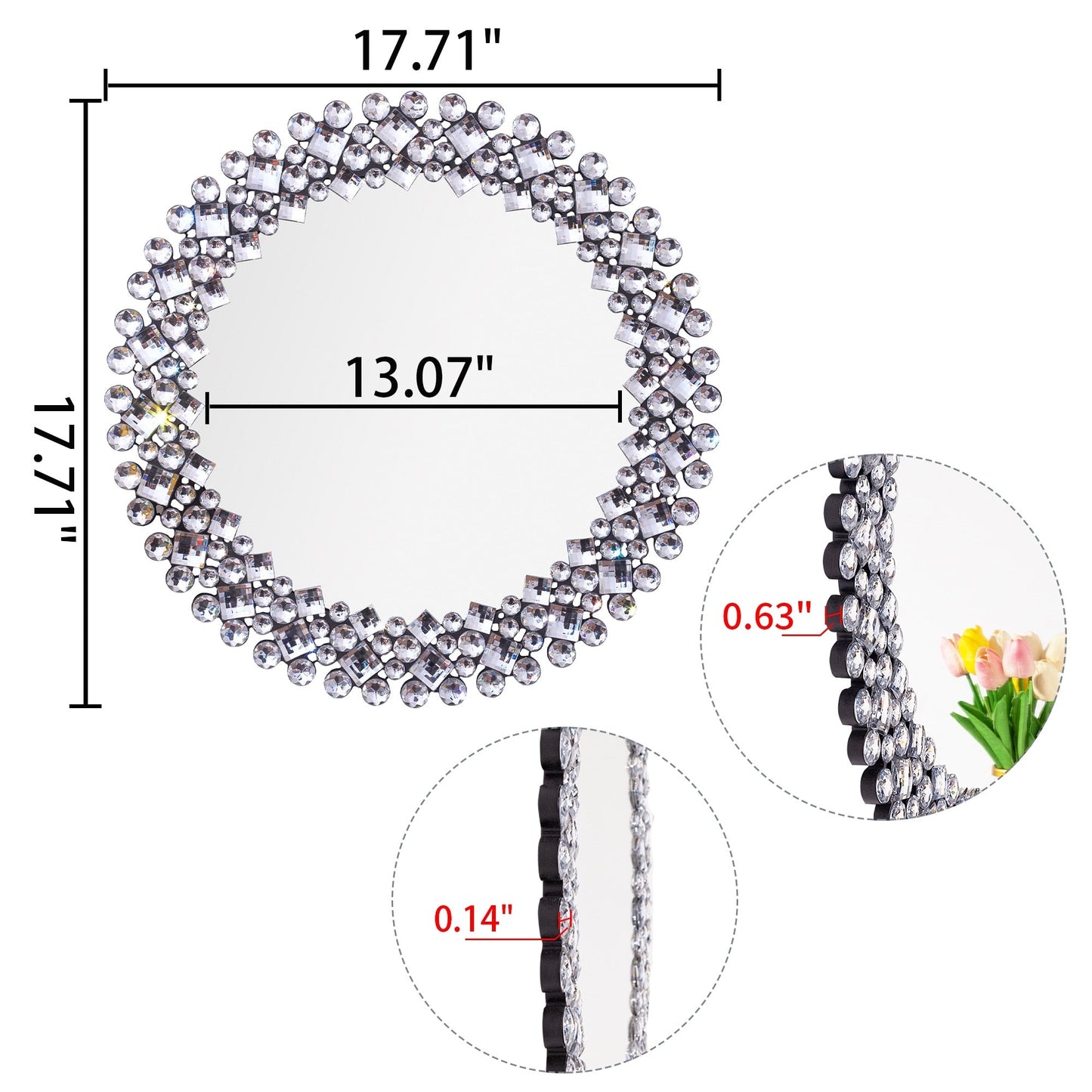 Miroir mural rond à accent de cristal