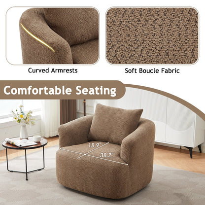 Fauteuil pivotant à 360°, fauteuil d'appoint Boucle 38,2 avec coussin décoratif, fauteuil tonneau rembourré avec accoudoirs incurvés