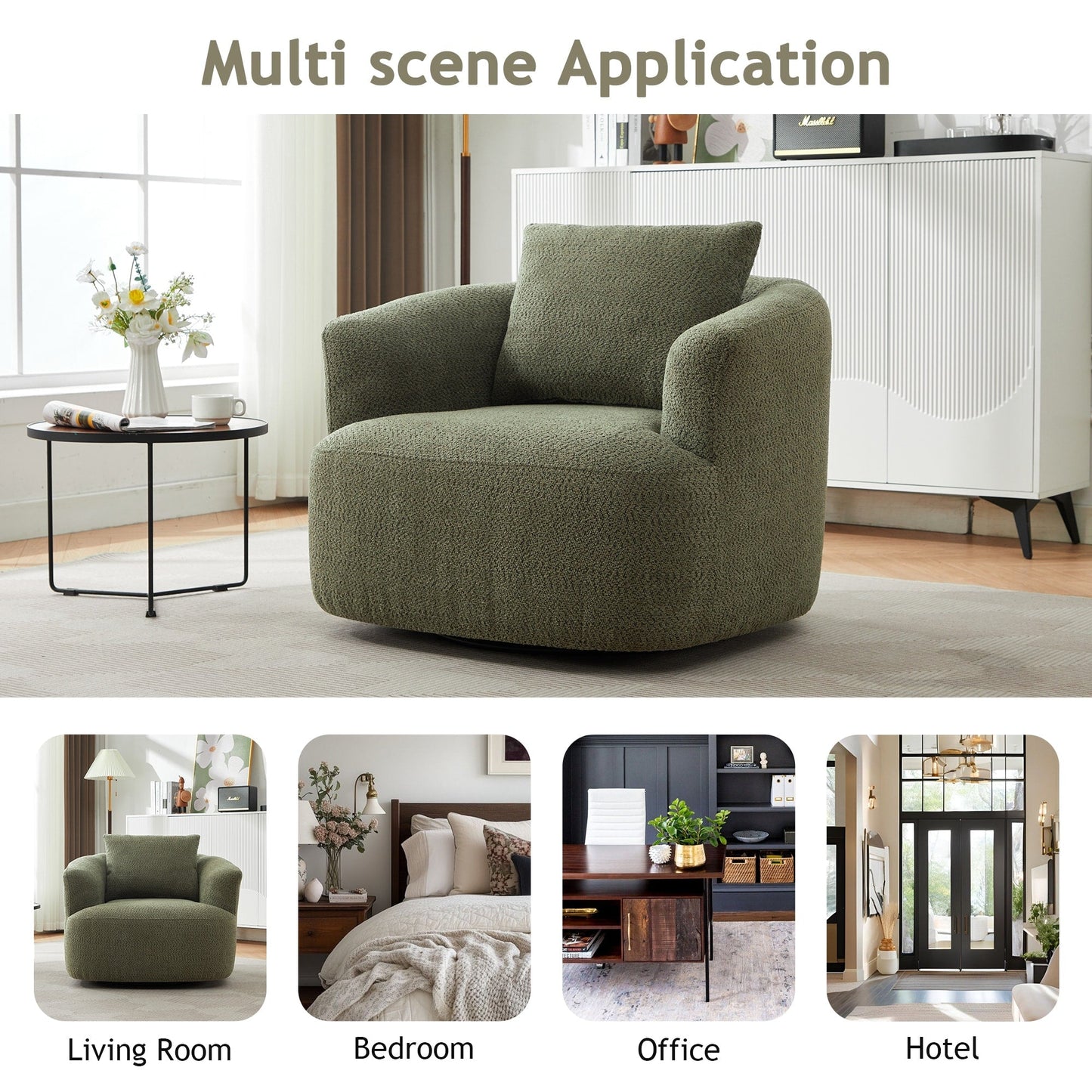 Fauteuil pivotant à 360°, fauteuil d'appoint Boucle 38,2 avec coussin décoratif, fauteuil tonneau rembourré avec accoudoirs incurvés