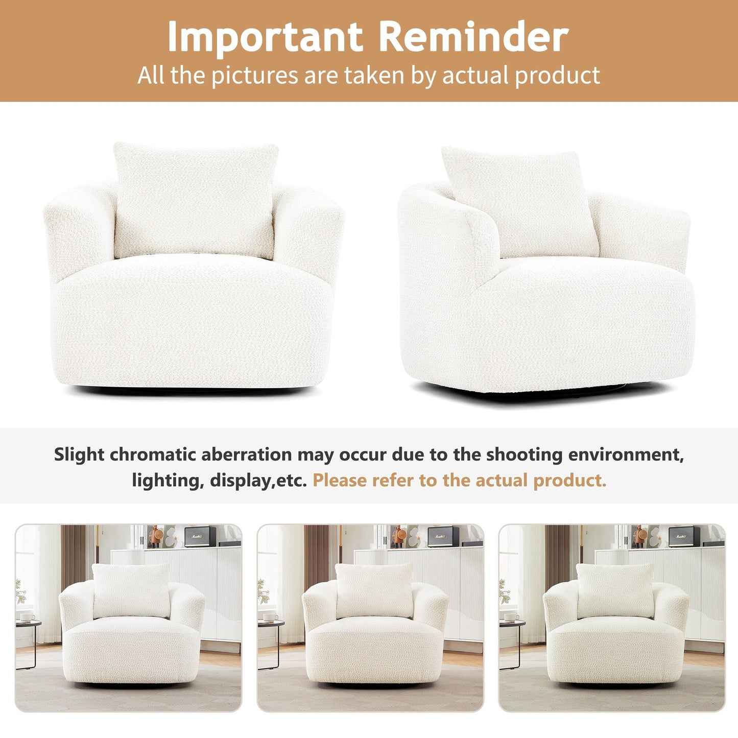 Fauteuil pivotant à 360°, fauteuil d'appoint Boucle 38,2 avec coussin décoratif, fauteuil tonneau rembourré avec accoudoirs incurvés