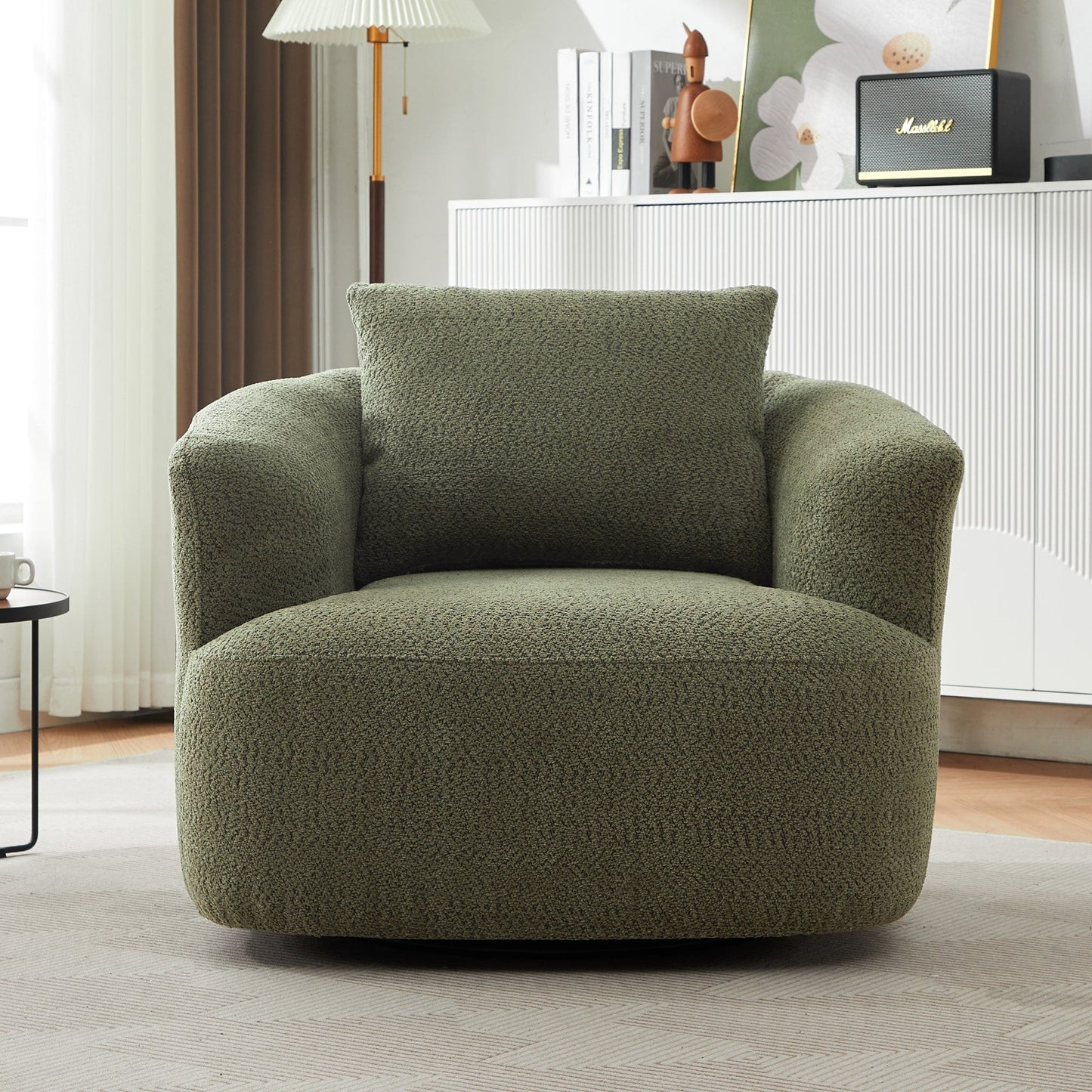 Fauteuil pivotant à 360°, fauteuil d'appoint Boucle 38,2 avec coussin décoratif, fauteuil tonneau rembourré avec accoudoirs incurvés