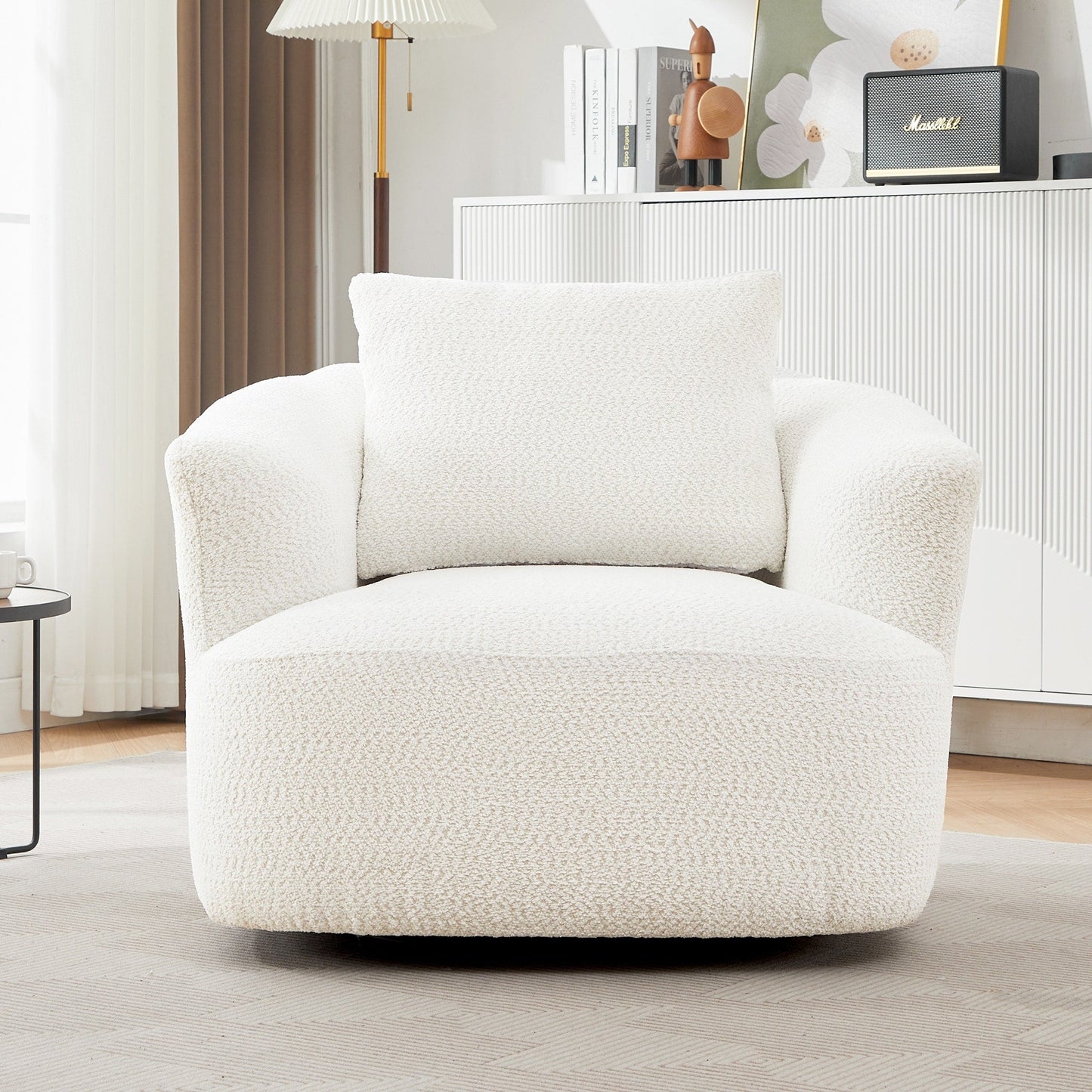 Fauteuil pivotant à 360°, fauteuil d'appoint Boucle 38,2 avec coussin décoratif, fauteuil tonneau rembourré avec accoudoirs incurvés