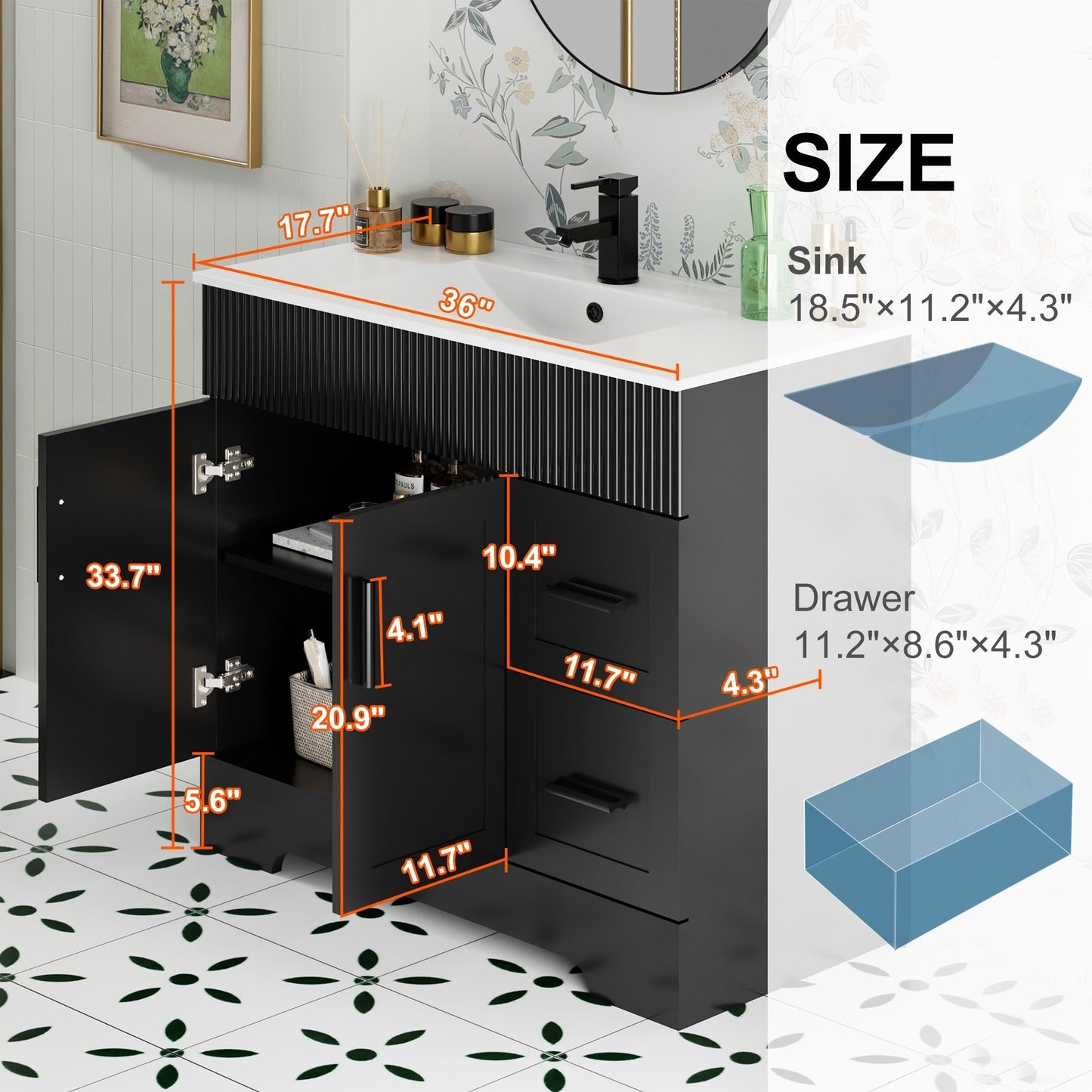 Ensemble de meuble-lavabo Wavy Line 30/36/48 avec lavabo et robinet