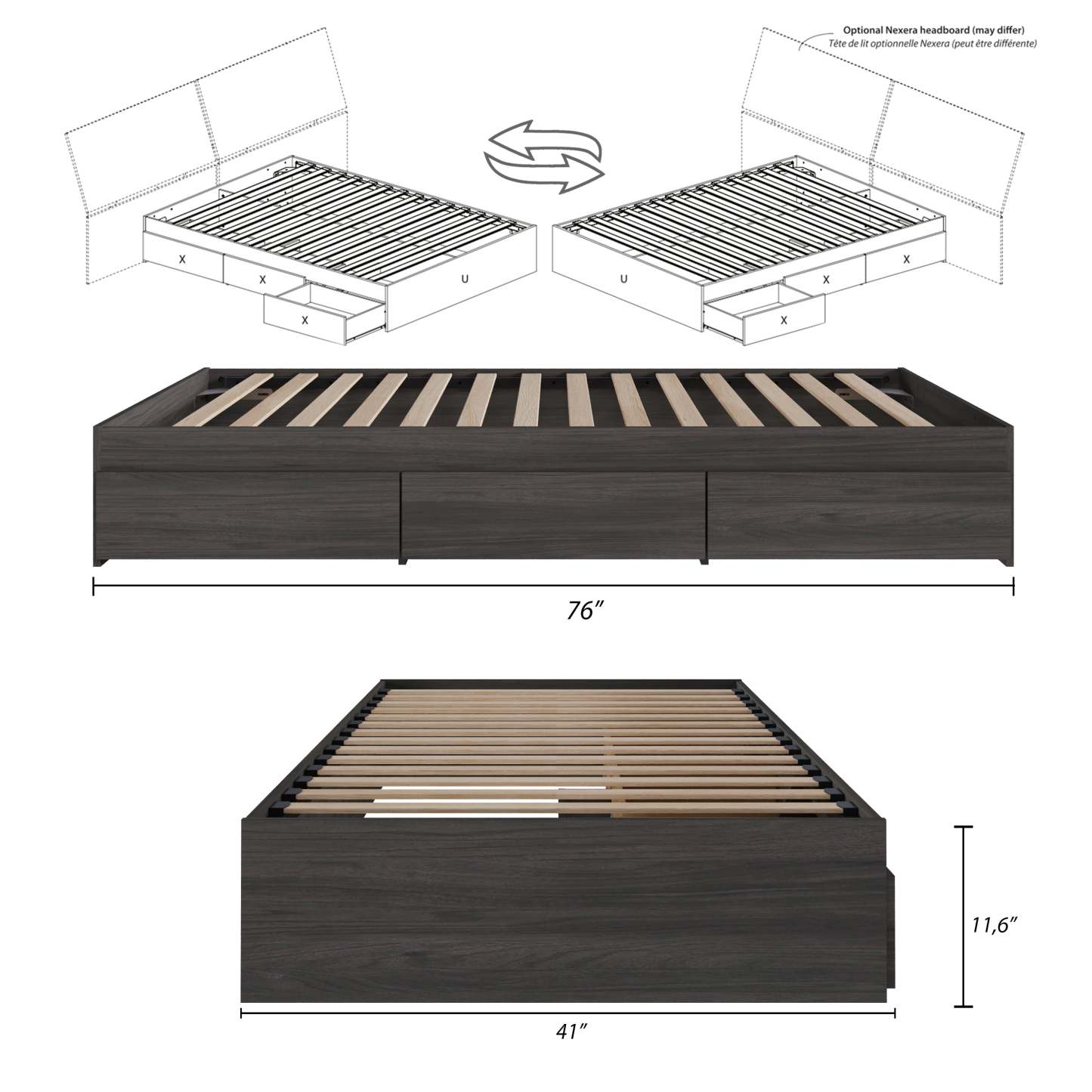 Lit plateforme simple avec rangement Nordika - Gris | Lit plateforme simple Nordika avec rangement - gris | D08H91VM