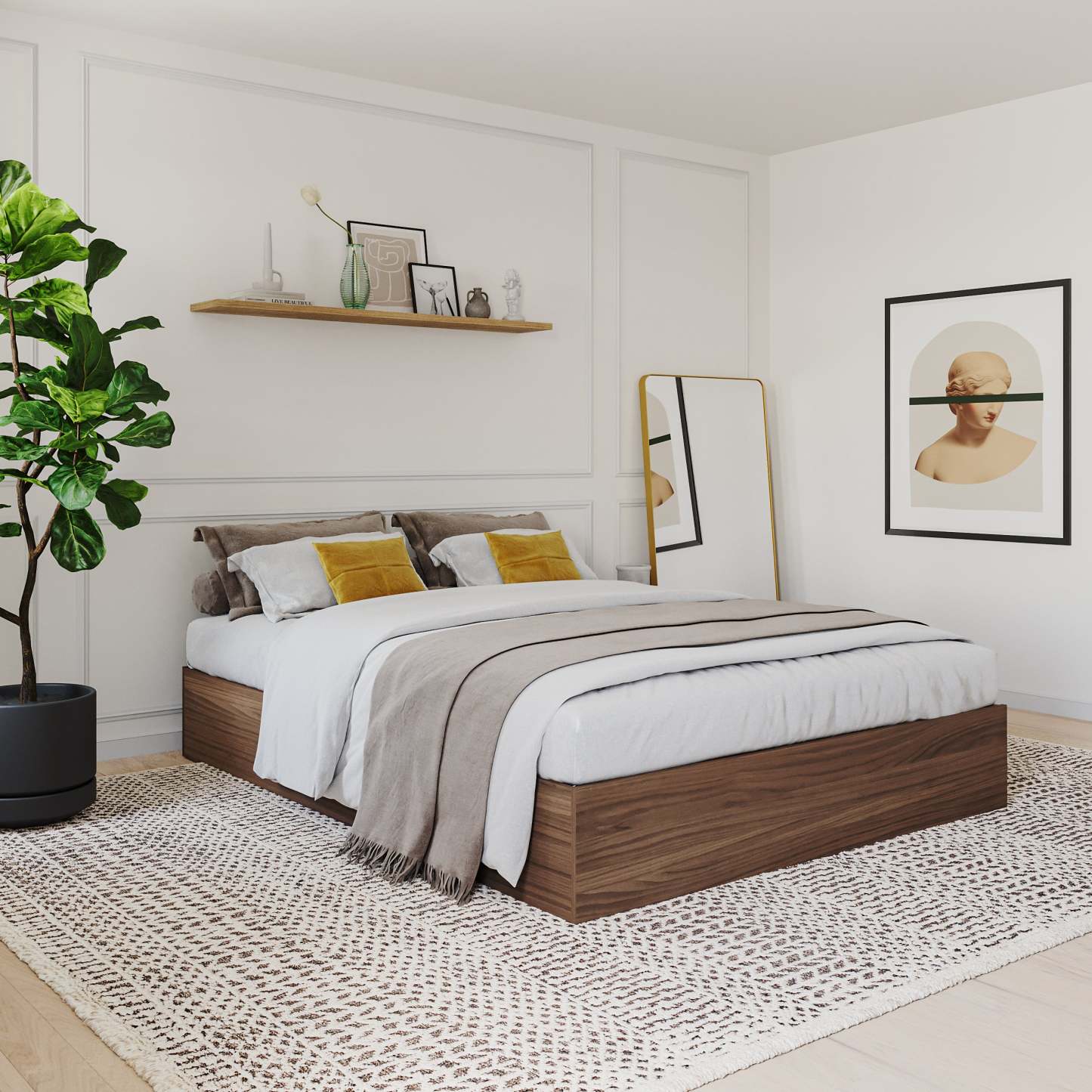 Nordika Lit plateforme avec rangement complet - Noyer | Lit plateforme double Nordika avec rangement - noyer | D08H3WGH