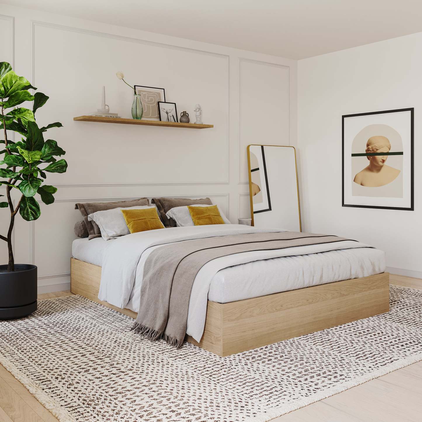 Lit plateforme avec rangement complet Nordika - Érable naturel | Lit plateforme double Nordika avec rangement - érable naturel | D08HQEMI