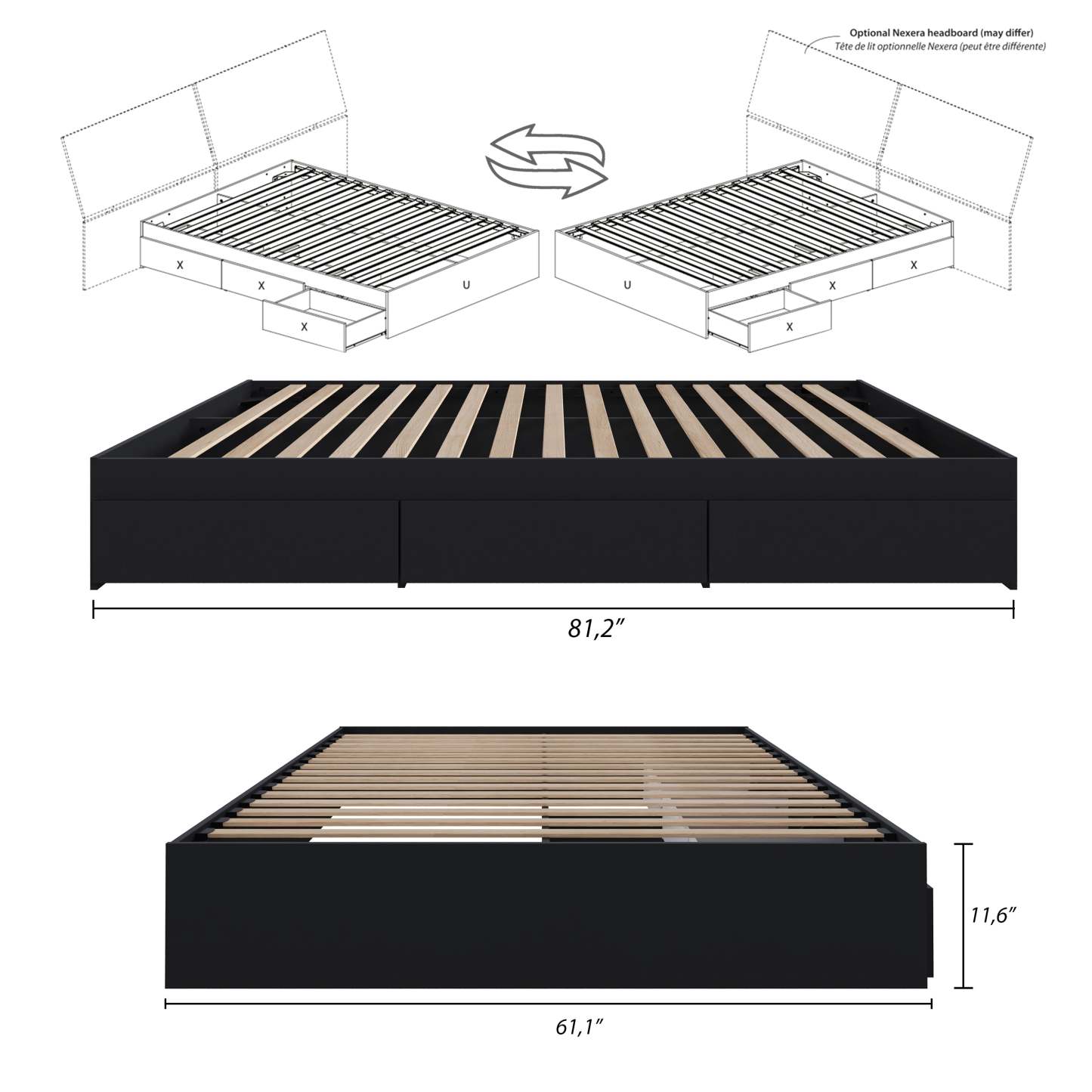 Nordika Lit plateforme avec rangement queen - Noir | Grand lit plateforme Nordika avec rangement - noir | D08HPTSO