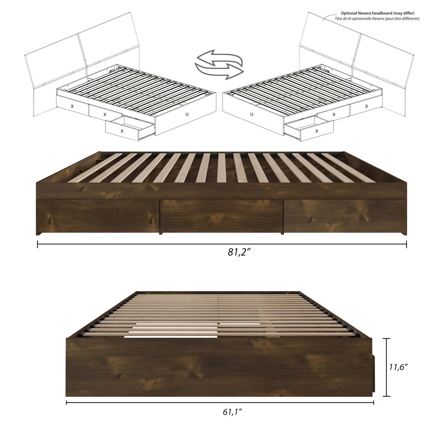 Lit plateforme queen Nordika - Truffe | Grand lit plateforme Nordika - truffe | D08HX19J