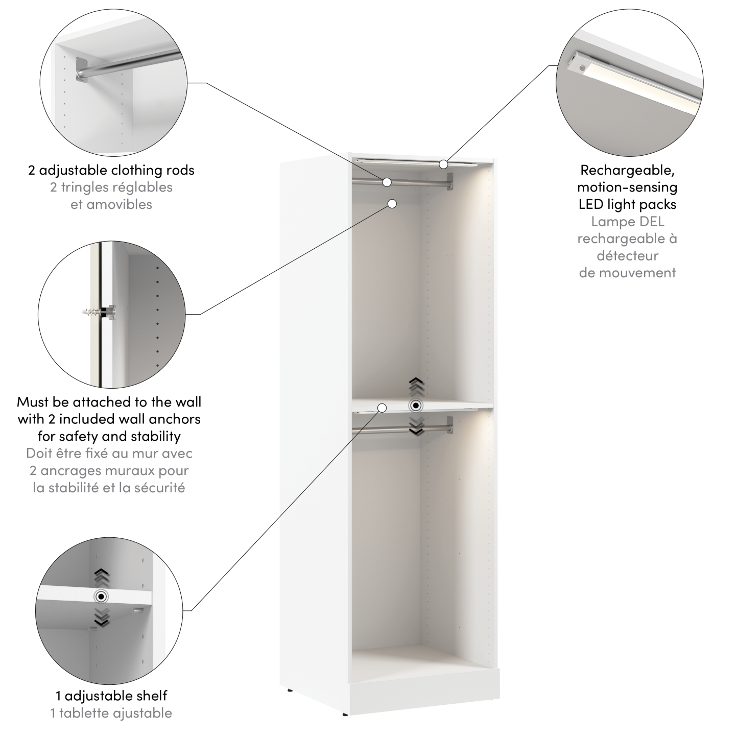 Bestar Florence 25 Système de garde-robe modulaire à 2 espaces pour suspendre avec éclairage à DEL - blanc