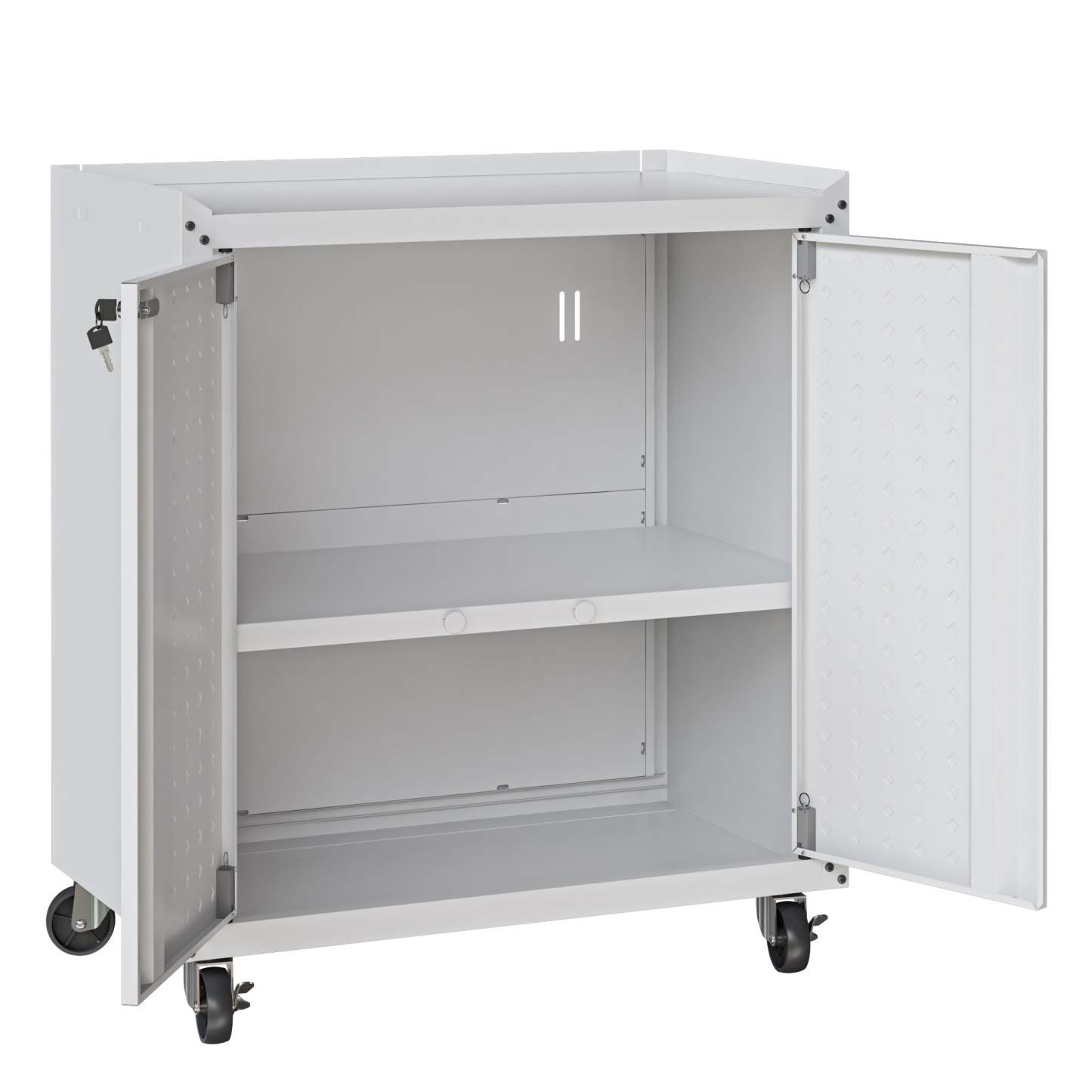 Manhattan Comfort Fortress Textured Metal 31.5 Garage Mobile Cabinet with 2 Adjustable Shelves - White|Armoire mobile Fortress de Manhattan Comfort de 31,5 po en métal texturé avec 2 tablettes réglables pour le garage - blanche