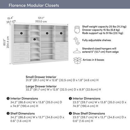 Système de pièce-penderie modulaire Florence de Bestar de 132 po avec tiroirs et tablettes pour chaussures de style Shaker - blanc