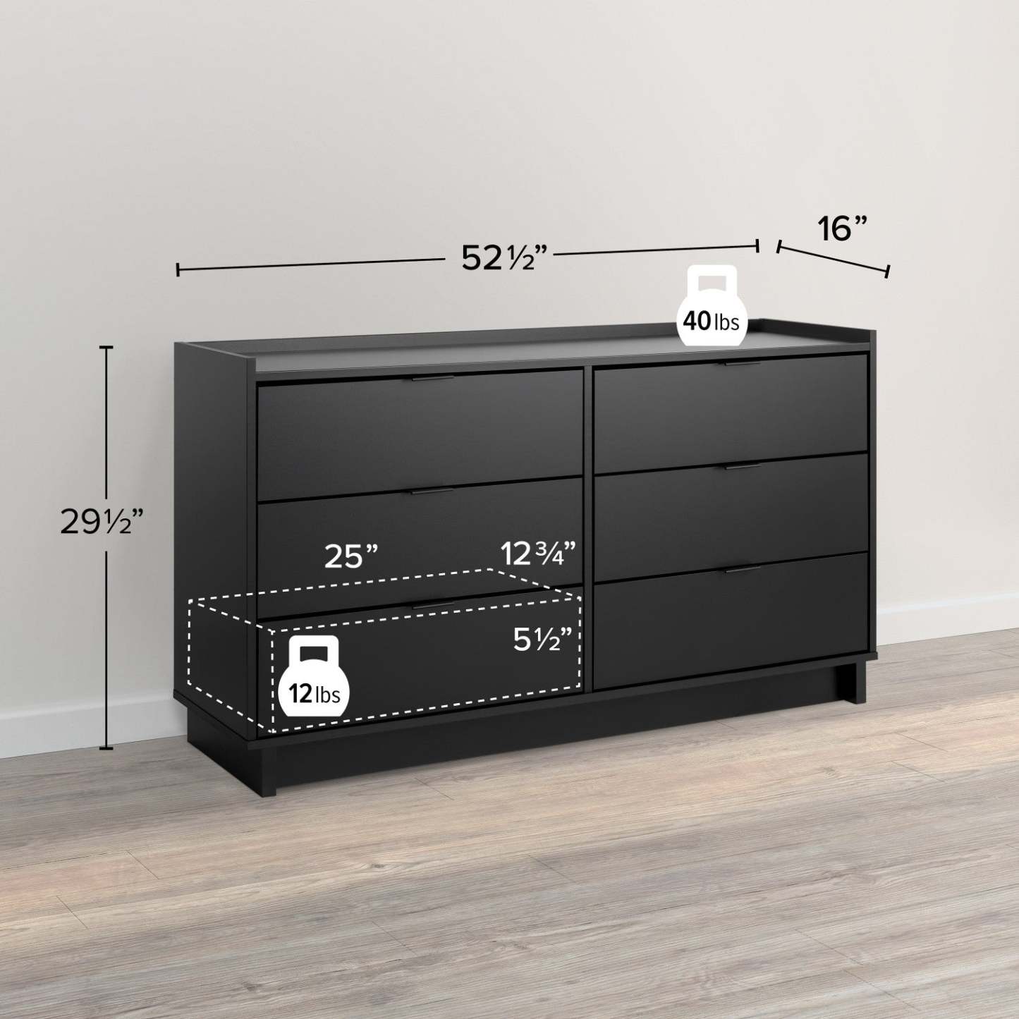 Prepac Simply Modern 52.5 6-Drawer Dresser - Black|Commode Simply Modern de Prepac de 52,5 po à 6 tiroirs - noire
