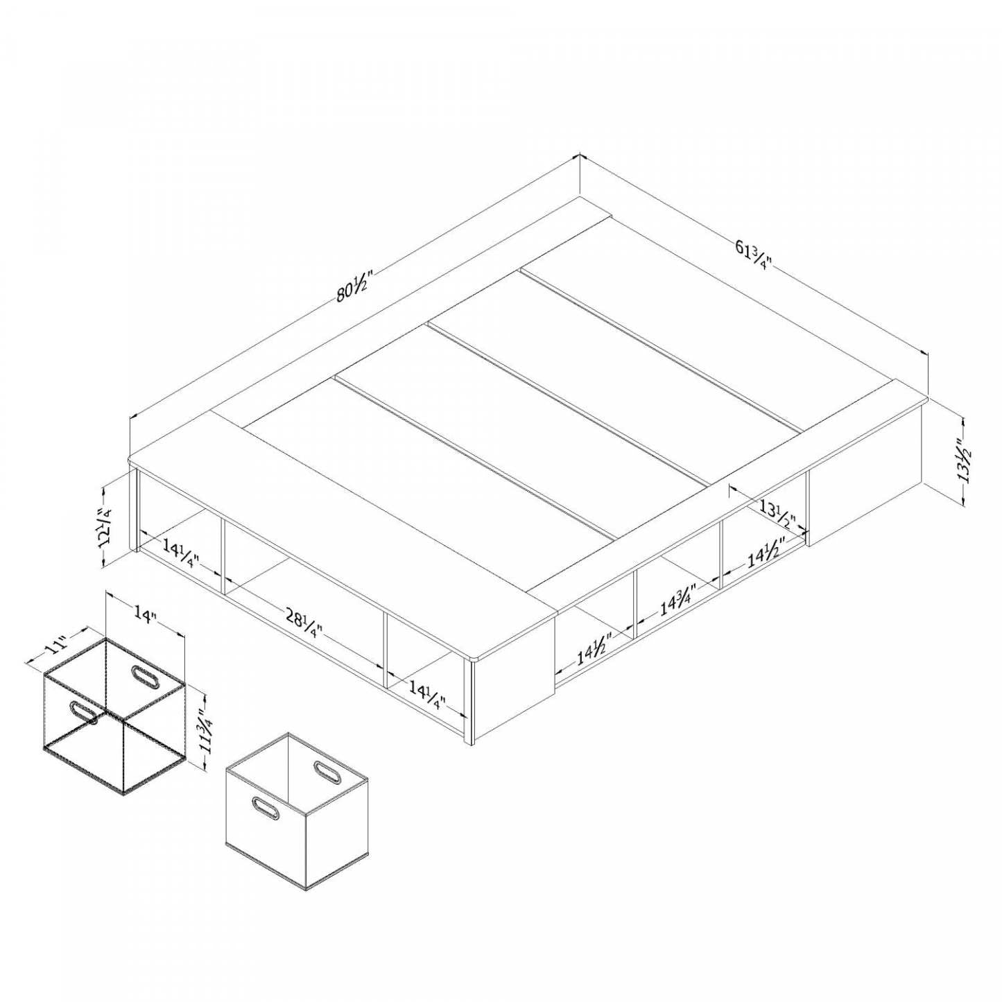 Avilla Storage Platform Bed With Wicker Baskets - Bleached Oak  |  Avilla Lit Avec Paniers De Rangement En Osier Inclus - Chene Blanchi