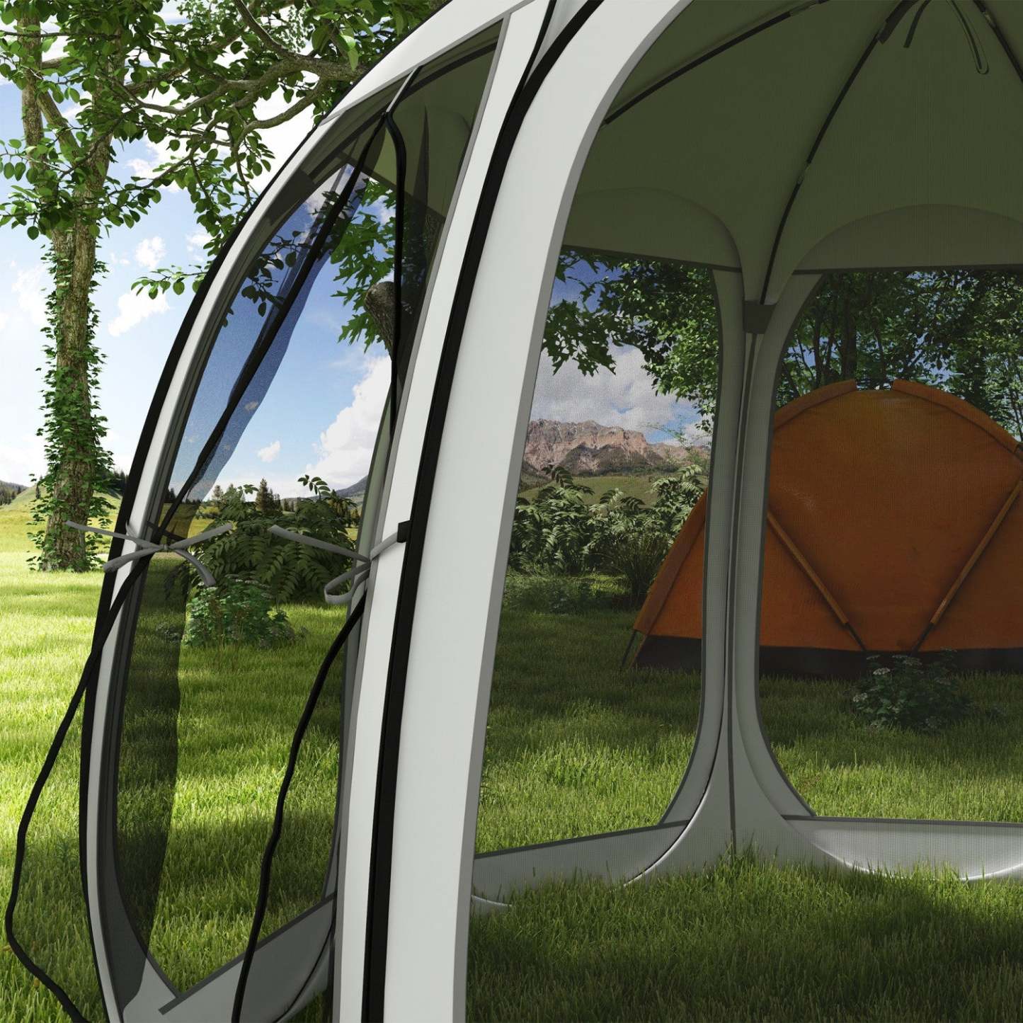 Tente moustiquaire Outsunny 11' X 11,5', tonnelle escamotable avec 2 portes, blanc crème|Outsunny Tente Moustiquaire, Tonnelle Escamotable Avec 2 Portes, Crème