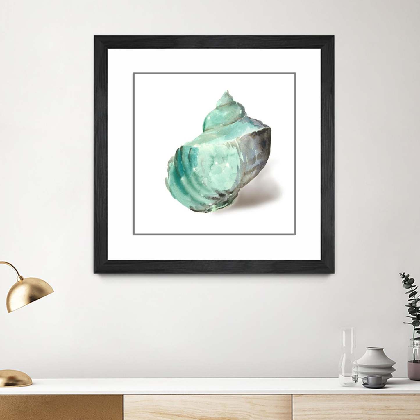 Œuvre murale encadrée noire et mate « Shell In Mint » 30 x 30